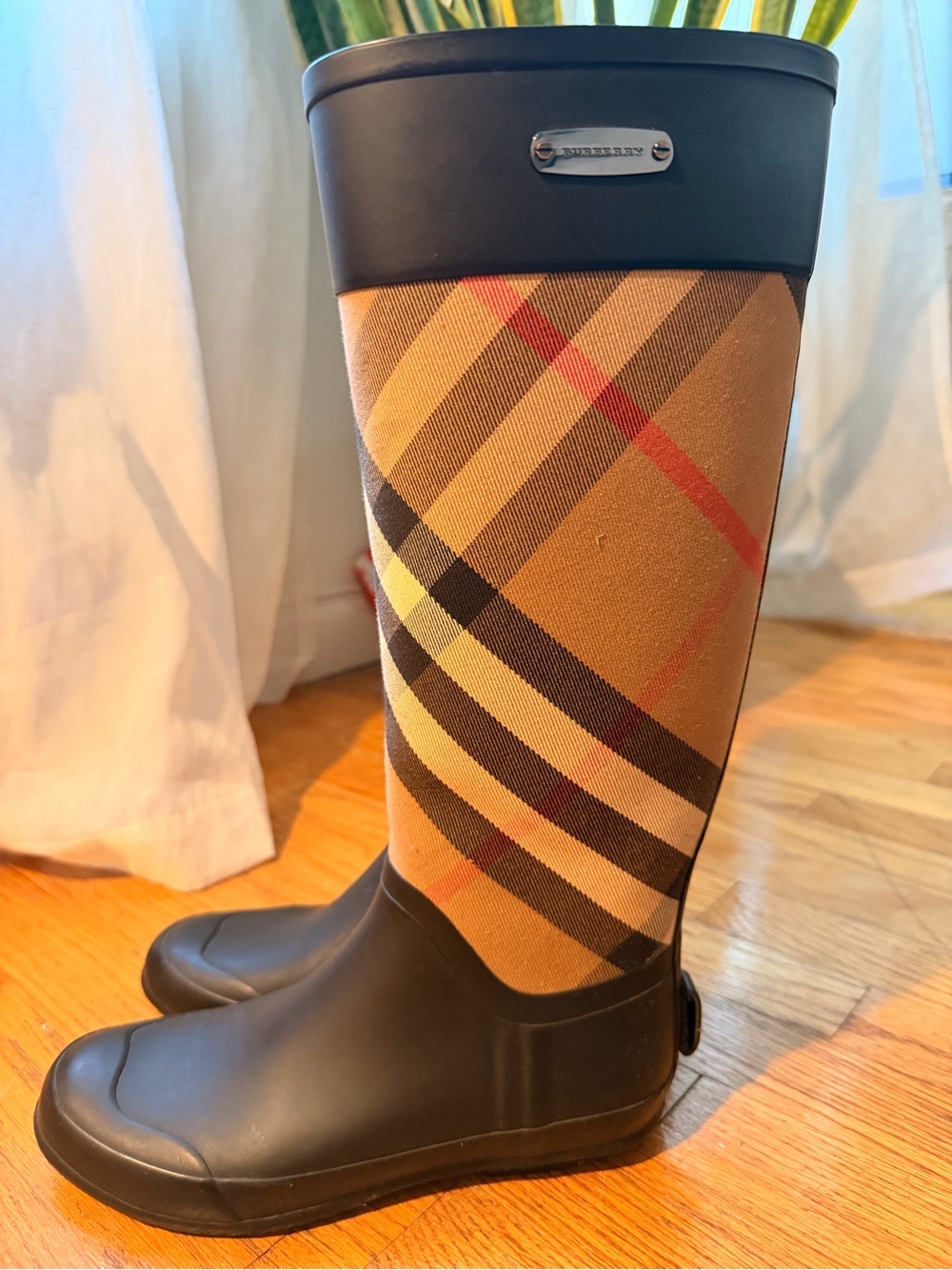 Burberry Tan Nova Check Rubber Rain Boots with Black Trim